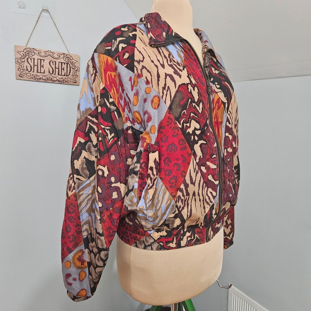 East West Silks Animal Print Patchwork Silk Bomber Jacket Large Red Boho Vintage - Picture 2 of 13